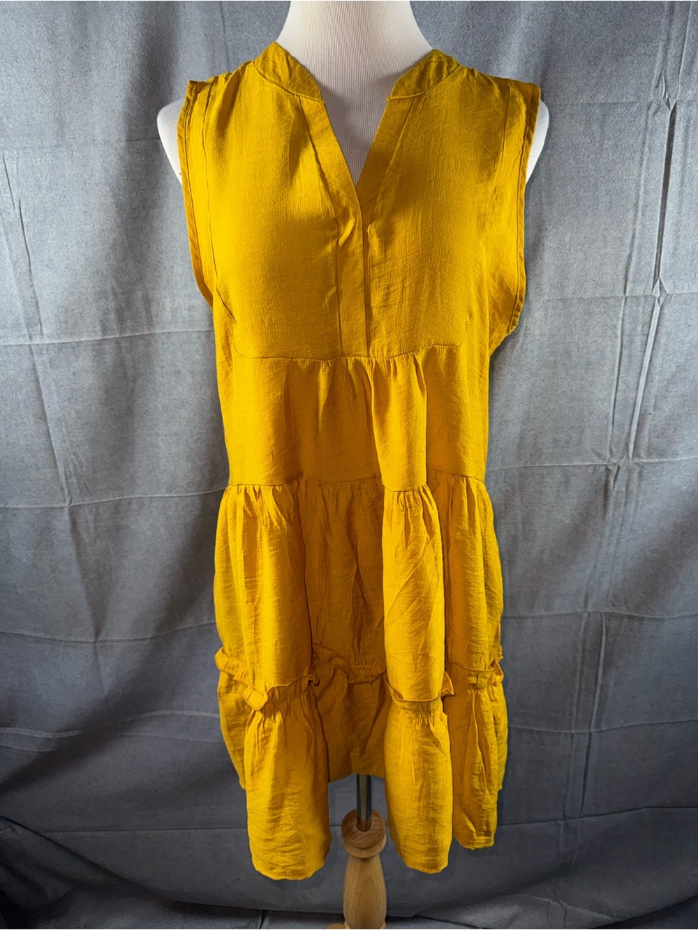 2877-Sleeveless Mustard Tiered V-Neck Dress